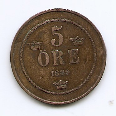 Suedia 5 Ore 1889 - Oscar II (litere mari) Bronz, 27 mm KM-757 foto