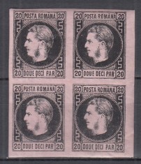 ROMANIA 1867 LP 20 c REGELE CAROL I CU FAVORITI 20 PARALE HARTIE SUBTIRE NEGRU/HARTIE ROZ BLOC DE 4 TIMBRE GUMA ORIGINALA SARNIERA