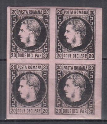 ROMANIA 1867 LP 20 c REGELE CAROL I CU FAVORITI 20 PARALE HARTIE SUBTIRE NEGRU/HARTIE ROZ BLOC DE 4 TIMBRE GUMA ORIGINALA SARNIERA foto