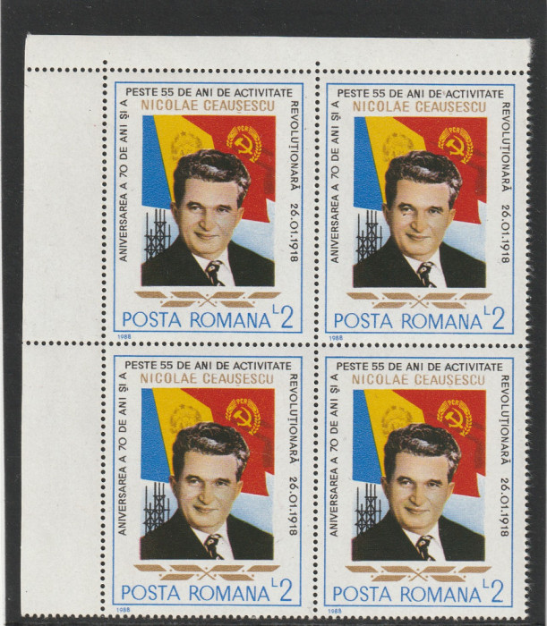 70 de ani Ceausescu ,bloc de 4 , Nr List 1197, Romania.