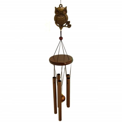 Clopotel de vant cu 5 tuburi sonore metalice pentru casa sau gradina, model Feng-Shui cu bufnite foto