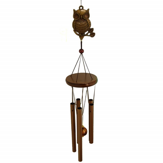 Clopotel de vant cu 5 tuburi sonore metalice pentru casa sau gradina, model Feng-Shui cu bufnite