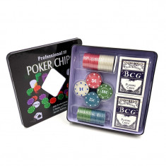 Set Poker Profesional, 100 chips, 2 pachete carti, buton dealer, Multicolor