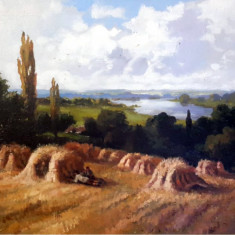 Tablou peisaj rural,Pictura camp cu grau, semnat, Pictura fara rama Galerie arta