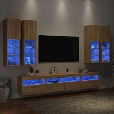 vidaXL Comode TV de perete cu lumini LED, 7 piese, stejar sonoma foto
