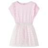 Rochie Copii Roz cu Volane, Inimioare Stralucitoare, Maneci Scurte, Marime 104 (3-4 Ani), Bumbac si Tul