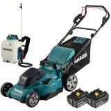 Makita DLM480CT2 + DUS108Z - Masina de tuns iarba cu 2 acumulatori Li-Ion 18 V 5 Ah 48 cm 62 l + Pulverizator 5 bar 10 l