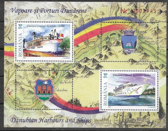 2007, Emisiune comună Rom&acirc;nia - Serbia, coliță dantelată, LP 1790c, nave, harti, MNH