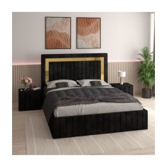Pat Tapitat Ianis Negru+ Saltea Lux Ortopedica + Noptiere Tapitate 140x200cm