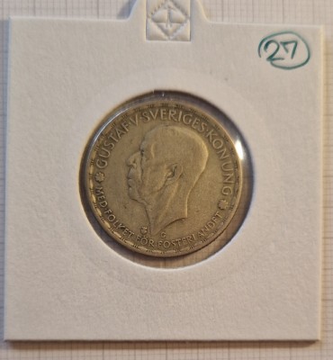 27 Suedia, Sweden, 1 Krona, 1 Coroana, 1943, KM#814, argint, Gustaf V foto