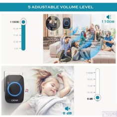 Sonerie wireless, ZYuuan, Plug and Play, Cu buton impermeabil, 1 x Receptor, 5 Niveluri de volum, Negru
