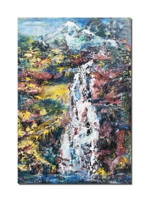 Tablou 3D peisaj pictat manual, Peisaj montan, la cascada, 100x70cm acril pe panza in cutit, Spectaculos foto