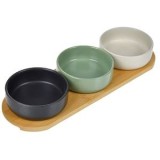 Suport din Bambus cu 3 Boluri Ceramice Colorate pentru Aperitive 32x10x4.5cm, CMCLASS