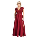 Cumpara ieftin Rochie CRYSTAL lunga eleganta cu broderie, tesatura gabardina cu fanta discreta pe picior, marime 46, plus size, burgundy