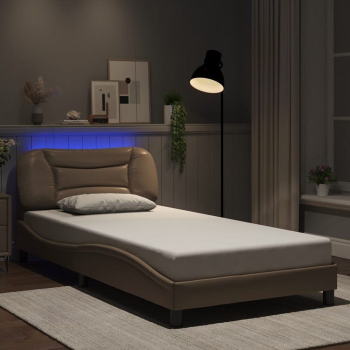 vidaXL Cadru de pat cu LED, cappuccino, 100x200 cm, piele ecologică 3213917