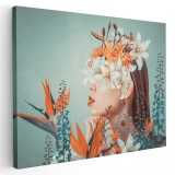 Tablou femeie cu flori pe cap si ochi fantezie , portocaliu 1359 Tablou canvas pe panza CU RAMA 60x90 cm