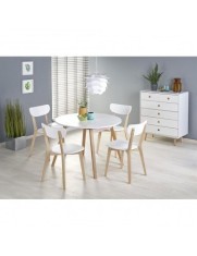 Masa extensibila living si bucatarie HM Ruben, lemn masiv, blat MDF, ovala, 6 persoane, 102-142x102x73 cm, alba