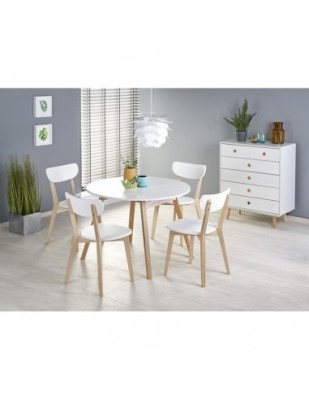 Masa extensibila living si bucatarie HM Ruben, lemn masiv, blat MDF, ovala, 6 persoane, 102-142x102x73 cm, alba foto