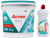 Cumpara ieftin Detergent pudra pentru rufe albe Active, galeata 5kg, 65 spalari + Detergent de vase lichid Active, 0.5 litri, cocos