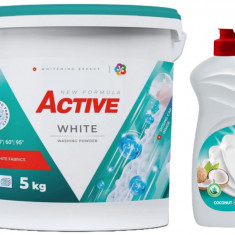 Detergent pudra pentru rufe albe Active, galeata 5kg, 65 spalari + Detergent de vase lichid Active, 0.5 litri, cocos