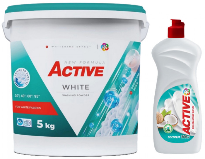Detergent pudra pentru rufe albe Active, galeata 5kg, 65 spalari + Detergent de vase lichid Active, 0.5 litri, cocos