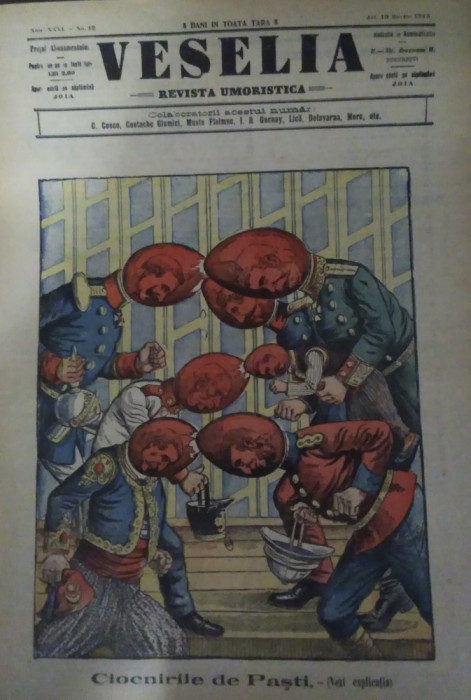 Ziarul Veselia : CIOCNIRILE DE PAȘTI, WW1 - gravură, caricatură, 1915