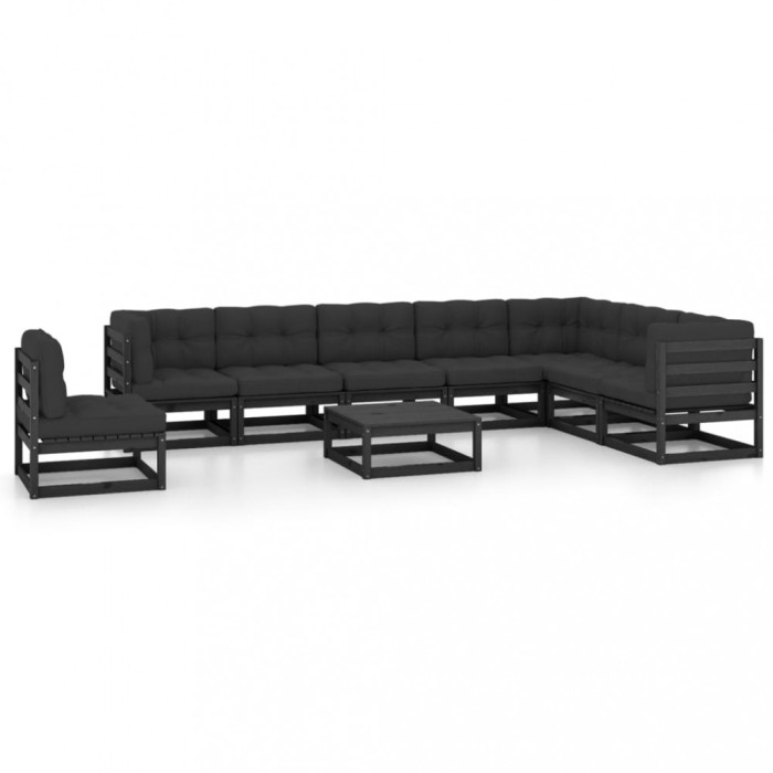 vidaXL Set mobilier grădină cu perne, 9 piese, negru, lemn masiv pin 3076833