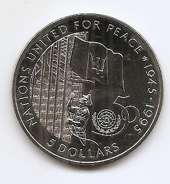 Barbados 5 Dollars 1995 - Elizabeth II (ONU) Cupru-nichel, 38.6 mm KM-62 aUNC foto