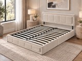 Pat Daily 160x200 cm Tapitat Catifea Crem cu Lada Depozitare si Somiera Inclusa