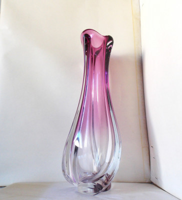 Val St. Lambert: Vaza 38 cm cristal masiv fuchsia, semnata, design Ren&amp;eacute; Delvenne foto