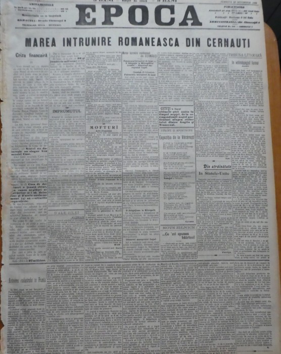 Ziarul Epoca, 23 octombrie 1899; Marea intrunire romaneasca din Cernauti