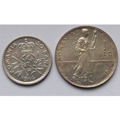 Rom&acirc;nia, Lot 50 Bani; 1 Leu 1914.