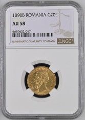 Moneda AUR 20 lei 1890, Carol I, AU58, certificata si gradata de NGC