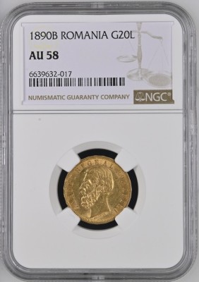 Moneda AUR 20 lei 1890, Carol I, AU58, certificata si gradata de NGC foto