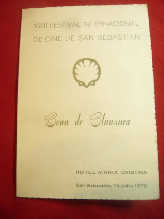 Meniu- Invitatie- Cena de Claussura - Festival Internat.San Sebastian Spania1970