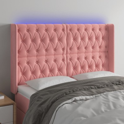vidaXL Tăblie de pat cu LED, roz, 147x16x118/128 cm, catifea foto