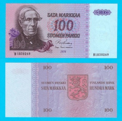 Finlanda (p#109) 100 Markkaa 1976 aUNC+ &amp;#039;Snellman&amp;#039; serie: H1830269 foto