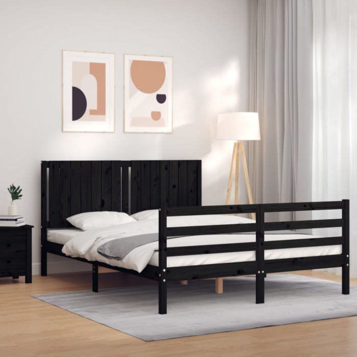 Cadru de pat cu tablie, negru, 160x200 cm, lemn masiv GartenMobel Dekor
