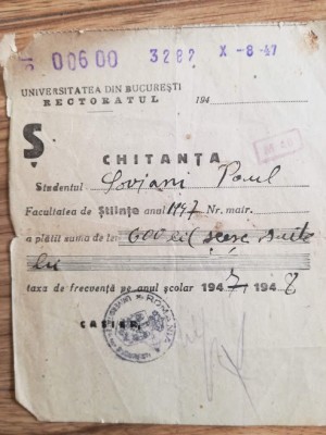 1947, Universitatea București, rectoratul, Chitanță Paul Soviani foto