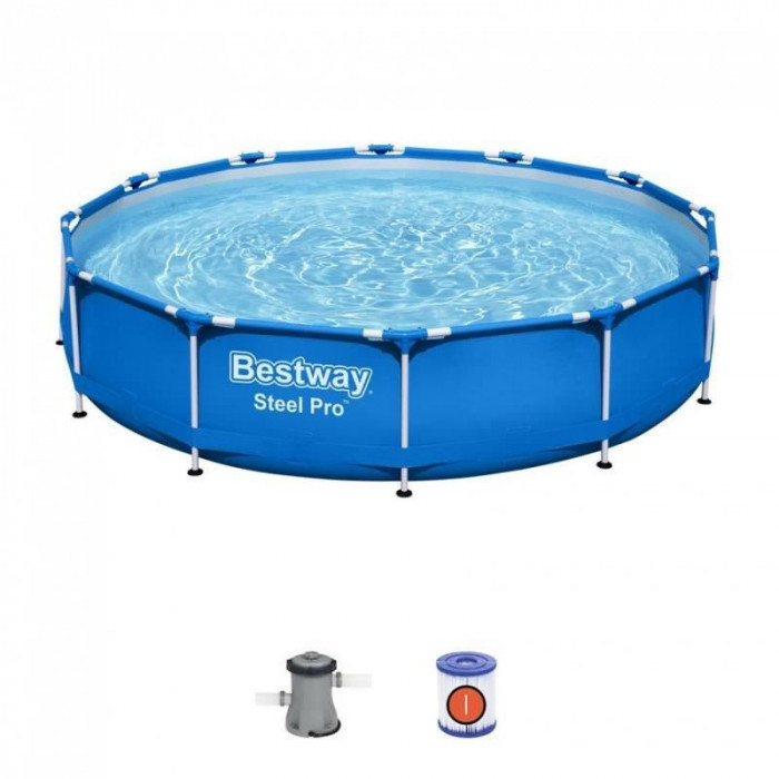 Piscina structura metalica, rotunda, cu filtru, albastru, 366x76 cm, Bestway Steel Pro