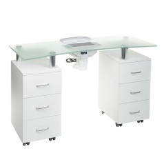Masa de manichiura cu 6 sertare, recipient, perna ergonomica, blat din sticla