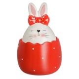 Recipient Ceramic pentru Biscuiți, Formă Ou, Roșu cu Buline Albe, Capac cu Iepuraș, &Oslash;14x24cm, CMCLASS