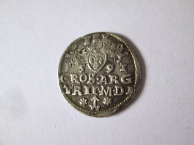 Rara! Uniunea statala Polono-Lituaniana 3 Groschen/Trojak 1592 argint monetaria Vilnius,Sigismund III Vasa,diametrul=21 mm,greutate=2,30 grame foto