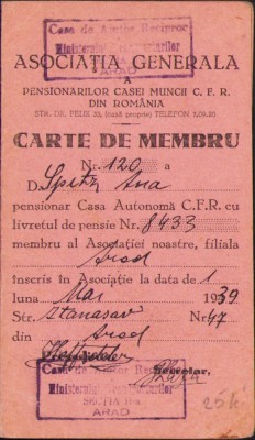 HST A863 Carte membru 1953 Asociația Generală a Pensionarilor CFR - Arad foto