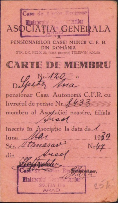 HST A863 Carte membru 1953 Asociația Generală a Pensionarilor CFR - Arad