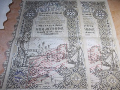 LOT 2 ACTIUNI : BANCA ROMANEASCA , VALOARE NOMINALA LEI 500 , 1920 foto