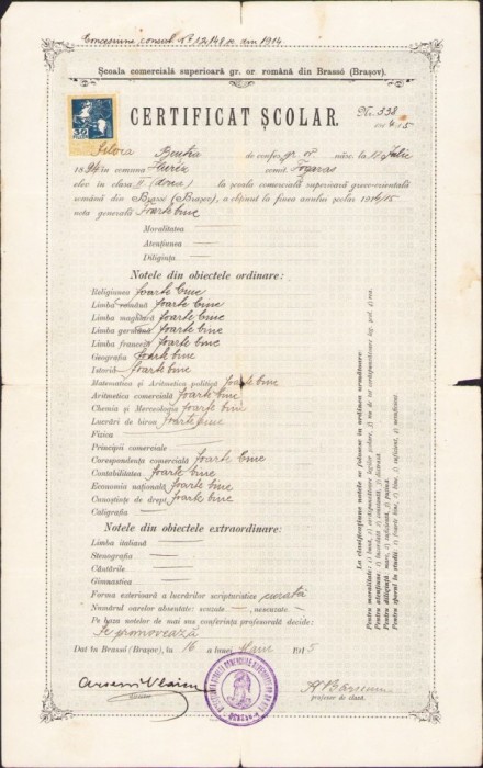 A1908 Certificat școlar semnat olograf de Arseniu Vlaicu și Andrei B&acirc;rseanu, 1915, Brașov
