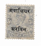 India - Gwalior - Regele George al V-lea, Oficial/de Serviciu, supratipar, 1913 - 3 P, obliterat