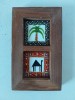 2 placi ceramice mici pictate manual in rama de lemn, Gift from Kuwait, Hand Made, suvenir din Kuwait, 16x9.5x1.5cm
