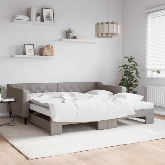 vidaXL Pat de zi cu extensie și saltele, gri taupe, 100x200 cm, textil 3197452